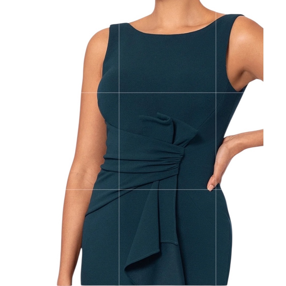 NEW BETSY & ADAM Christine‎ Scuba Crepe Ruffled Bow Gown Pine Sleeveless Size 8 - Picture 3 of 9